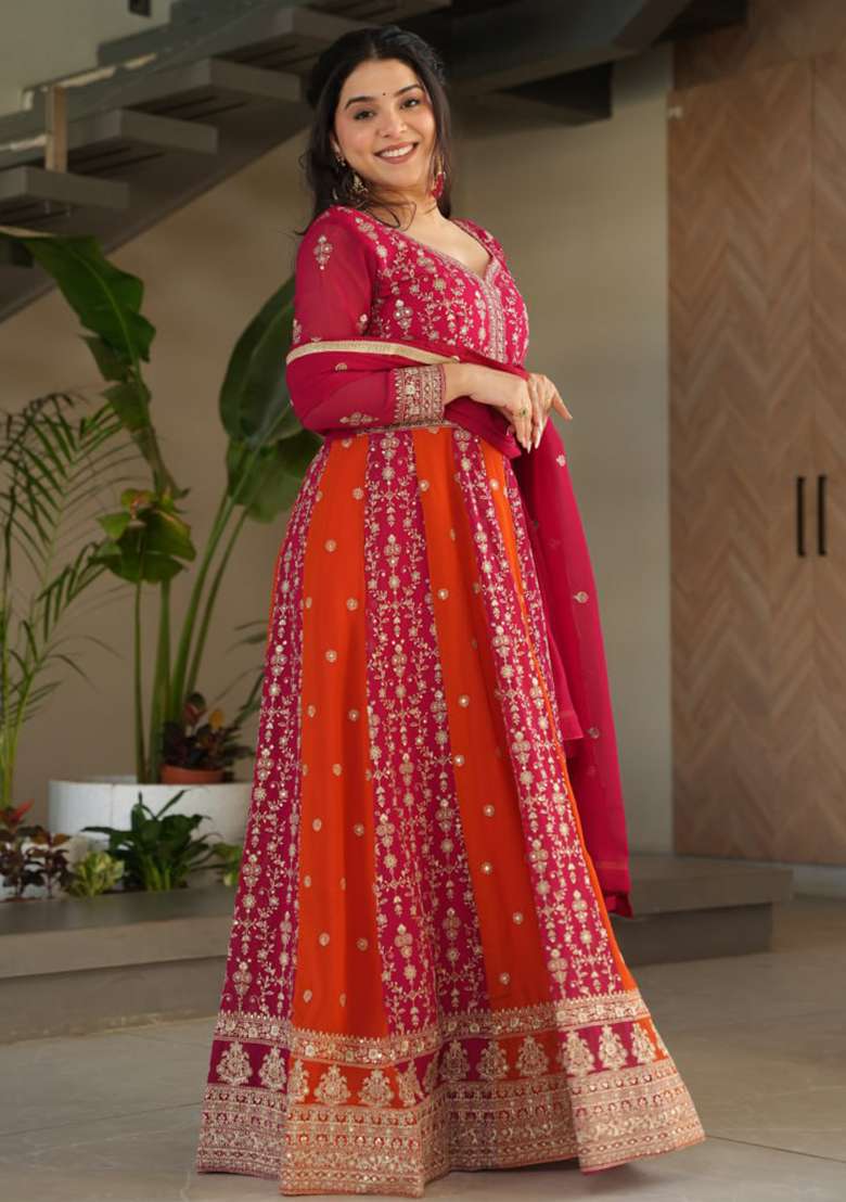 Pink Embroidered Faux Blooming Gwon Set - Indya