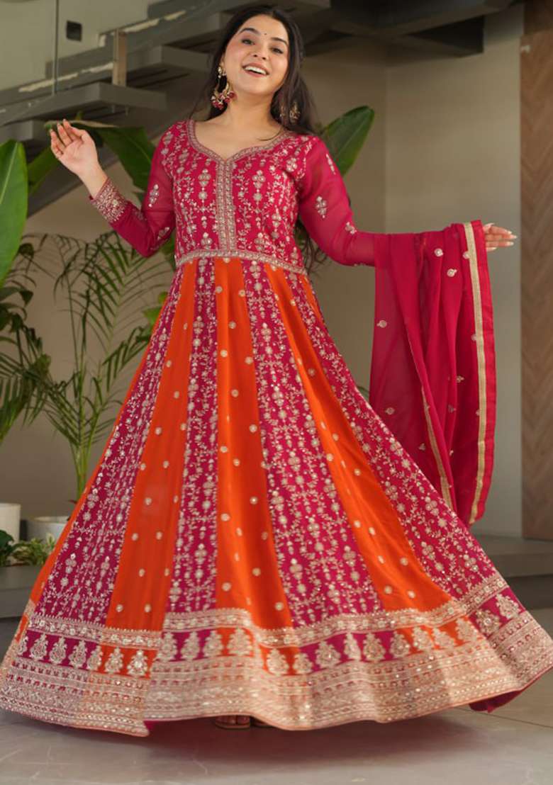 Pink Embroidered Faux Blooming Gwon Set - Indya