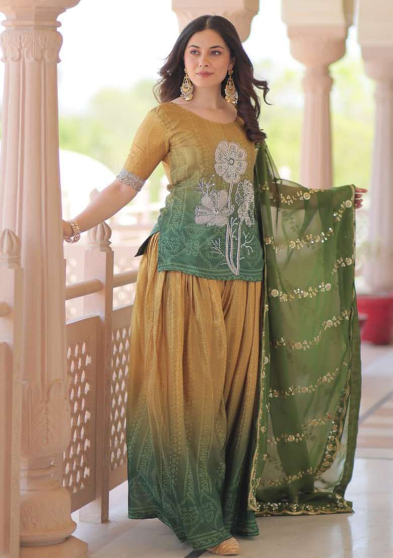Green Embroidered Chinnon Gwon Set - Indya