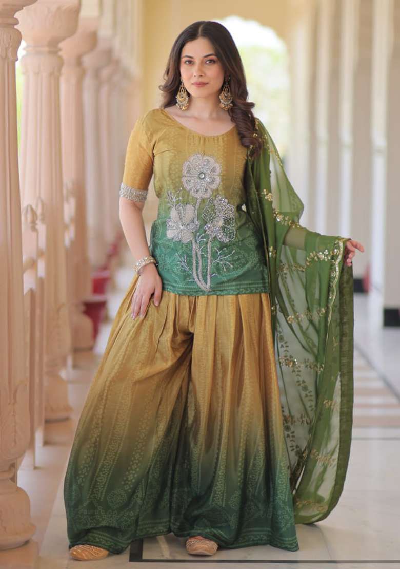 Green Embroidered Chinnon Gwon Set - Indya