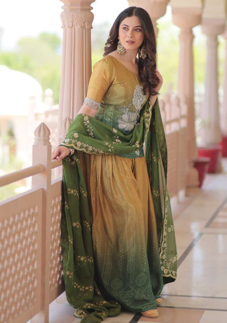 Green Embroidered Chinnon Gwon Set - Indya