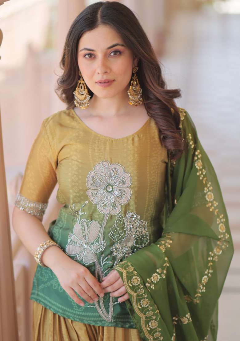 Green Embroidered Chinnon Gwon Set - Indya