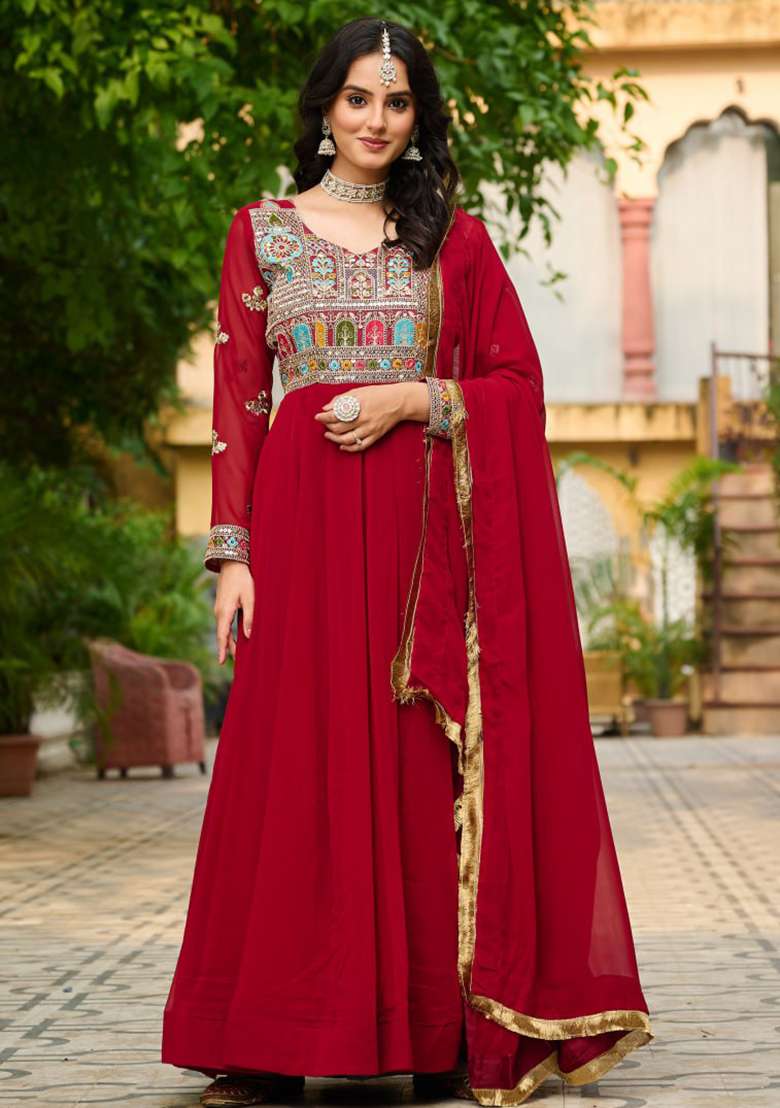 Maroon Embroidered Faux Blooming Gwon Set - Indya