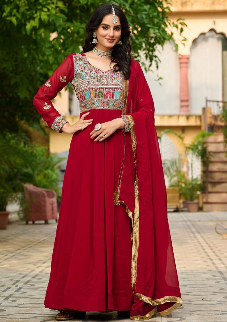 Maroon Embroidered Faux Blooming Gwon Set - Indya