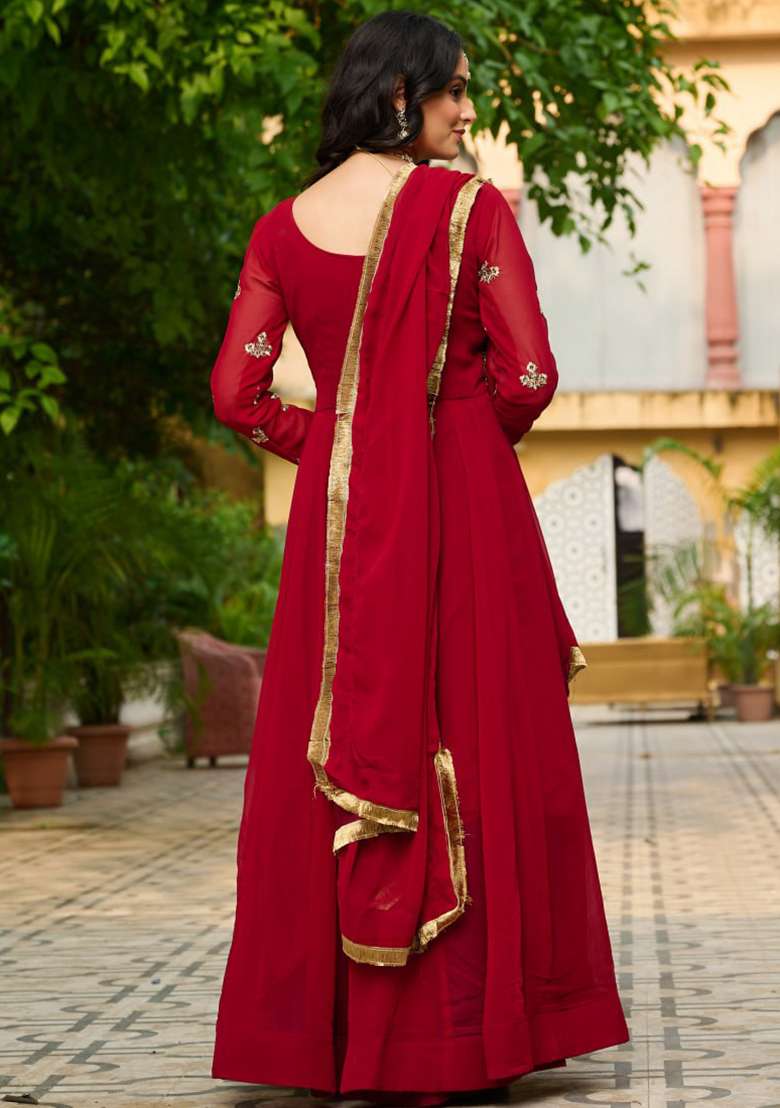 Maroon Embroidered Faux Blooming Gwon Set - Indya