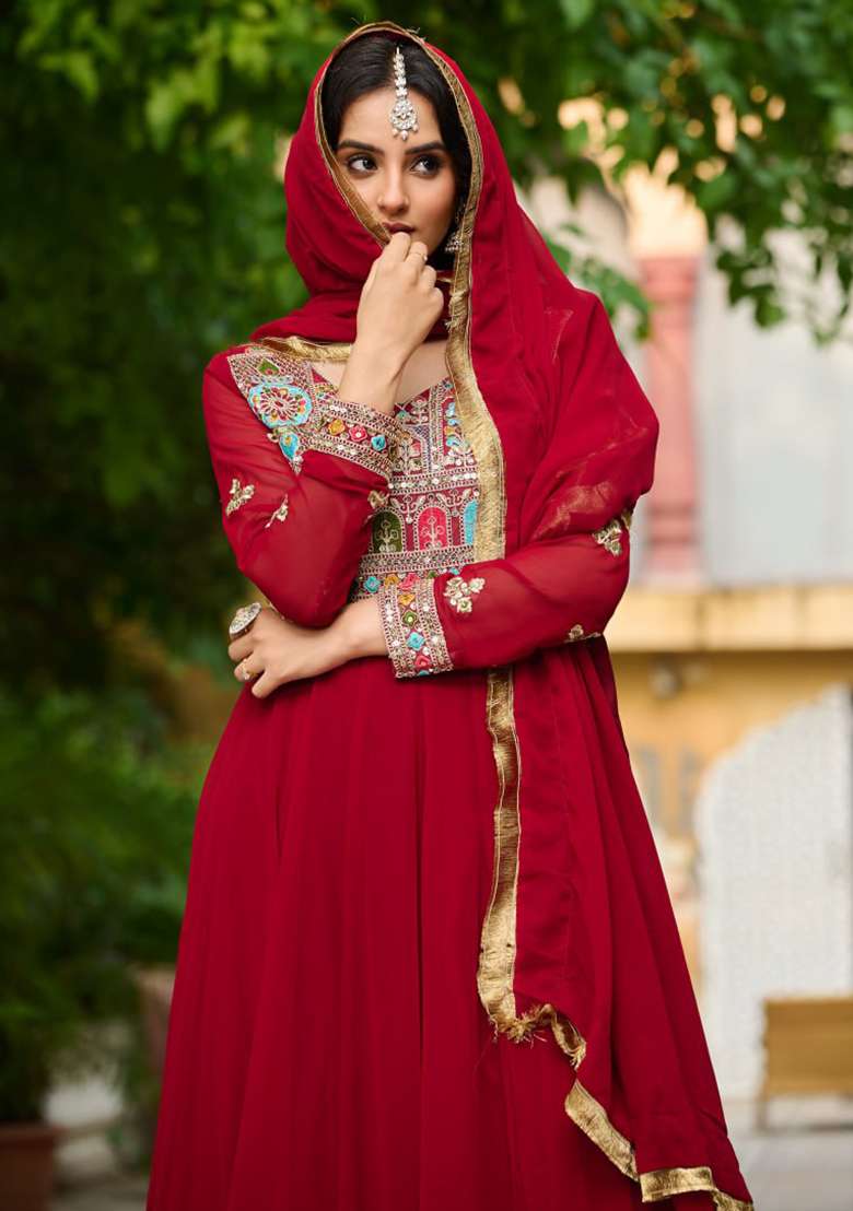 Maroon Embroidered Faux Blooming Gwon Set - Indya
