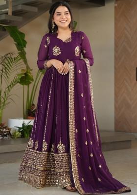 Purple Embroidered Faux Blooming Gwon Set