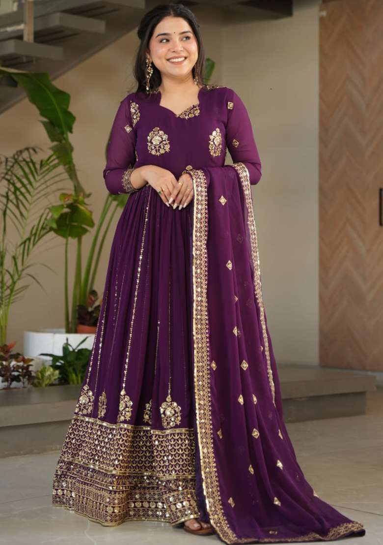 Purple Embroidered Faux Blooming Gwon Set - Indya