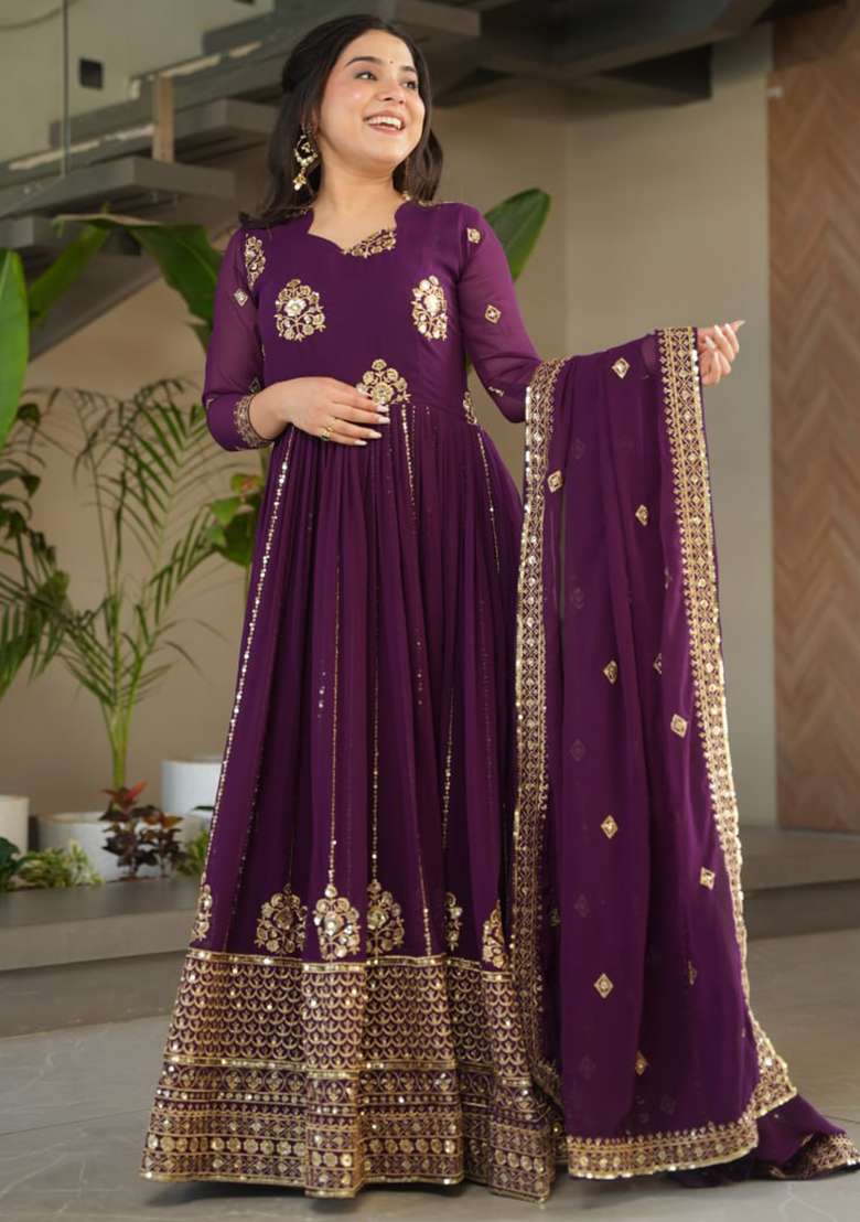 Purple Embroidered Faux Blooming Gwon Set - Indya