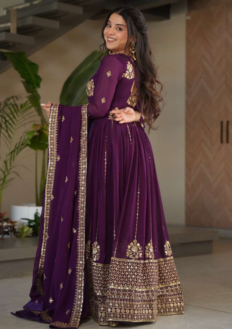 Purple Embroidered Faux Blooming Gwon Set - Indya