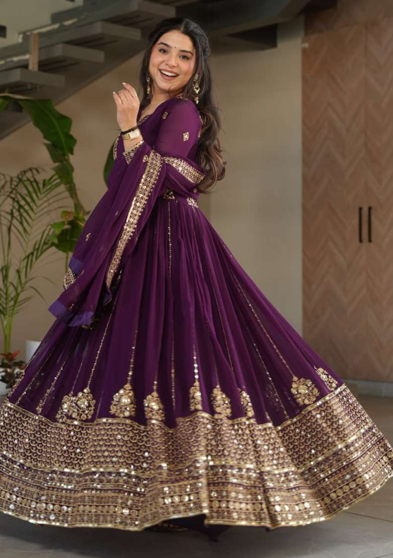 Purple Embroidered Faux Blooming Gwon Set - Indya