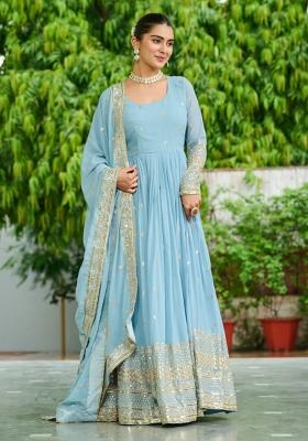 Sky Blue Embroidered Faux Georgette Gwon Set