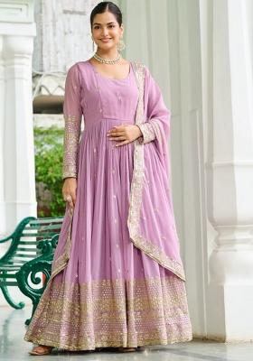 lavender Embroidered Faux Georgette Gwon Set