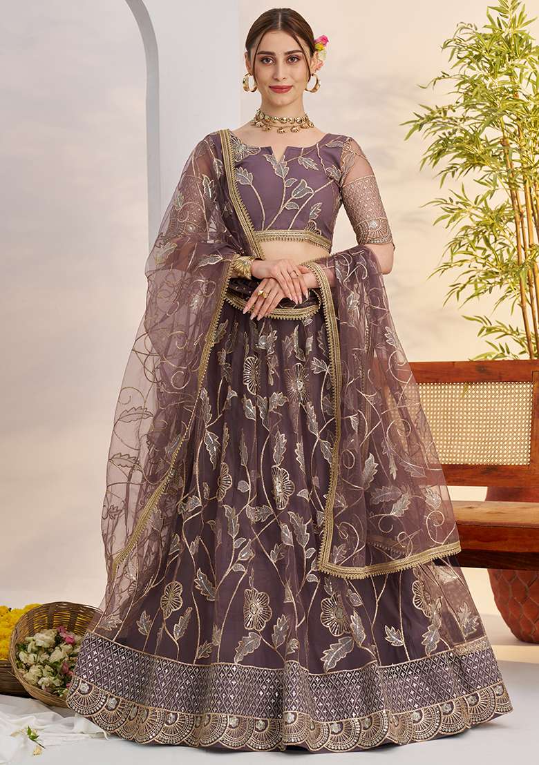Dark Onion Embroidered Butterfly Net Lehenga Set for Diwali and Festive Wear - Indya