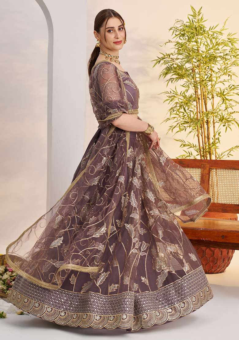 Dark Onion Embroidered Butterfly Net Lehenga Set for Diwali and Festive Wear - Indya