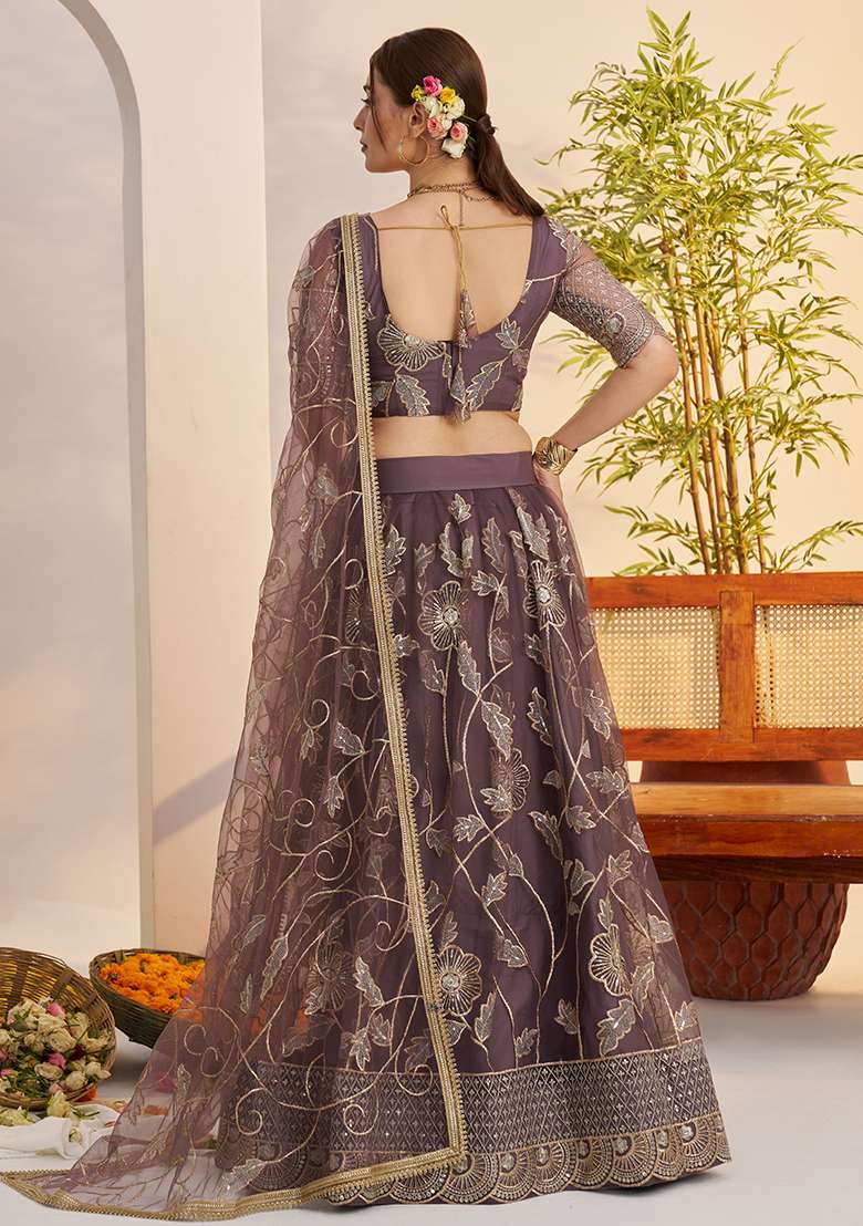 Dark Onion Embroidered Butterfly Net Lehenga Set for Diwali and Festive Wear - Indya
