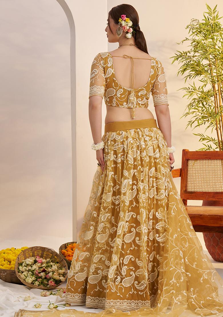 Light Golden Embroidered Butterfly Net Lehenga Set