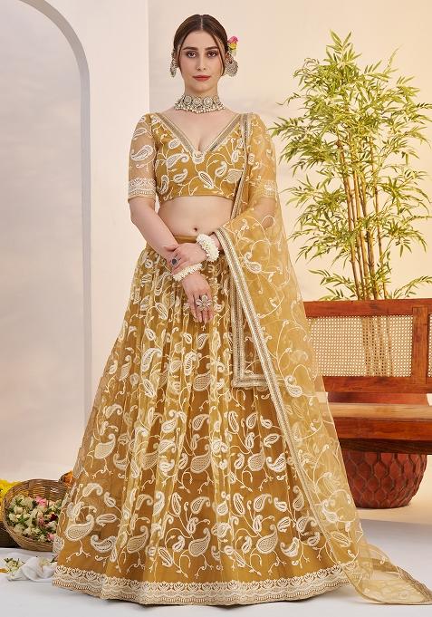 Light Golden Embroidered Butterfly Net Lehenga Set