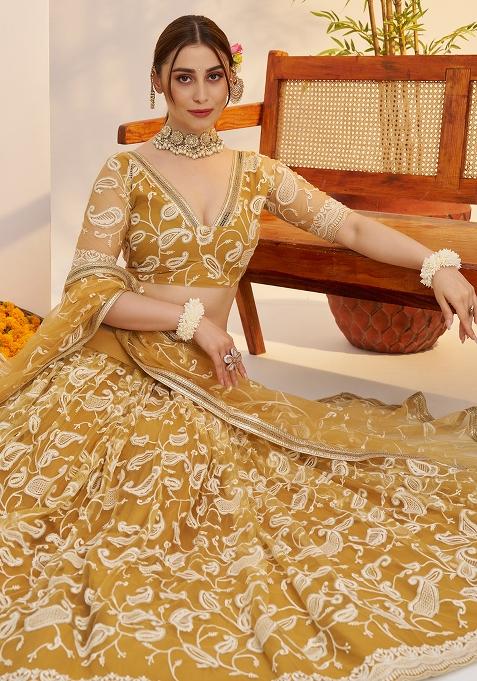 Light Golden Embroidered Butterfly Net Lehenga Set