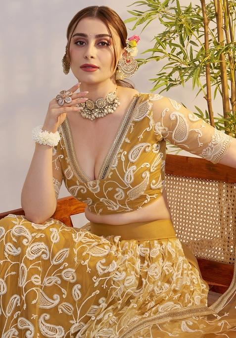 Light Golden Embroidered Butterfly Net Lehenga Set