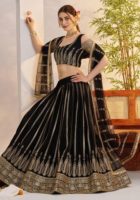 Black Embroidered Butterfly Net Lehenga Set