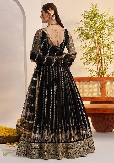 Black Embroidered Butterfly Net Lehenga Set