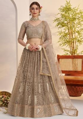 Grey Embroidered Butterfly Net Lehenga Set