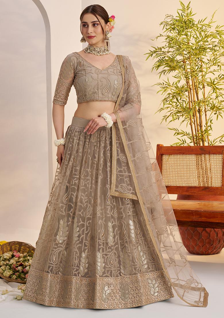 Grey Embroidered Butterfly Net Lehenga Set