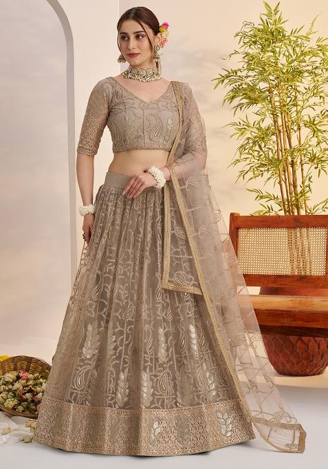 Grey Embroidered Butterfly Net Lehenga Set
