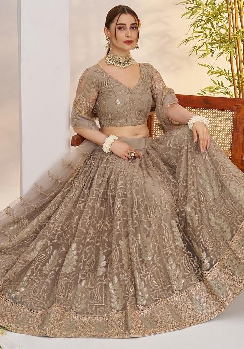 Grey Embroidered Butterfly Net Lehenga Set