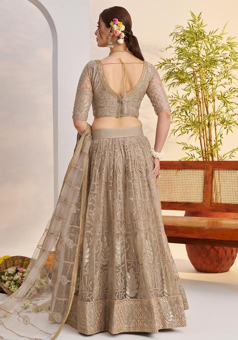 Grey Embroidered Butterfly Net Lehenga Set