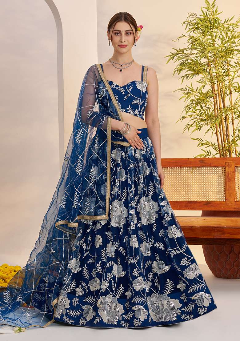 Morpeach Blue Embroidered Butterfly Net Lehenga Set for Diwali and Festive Wear - Indya