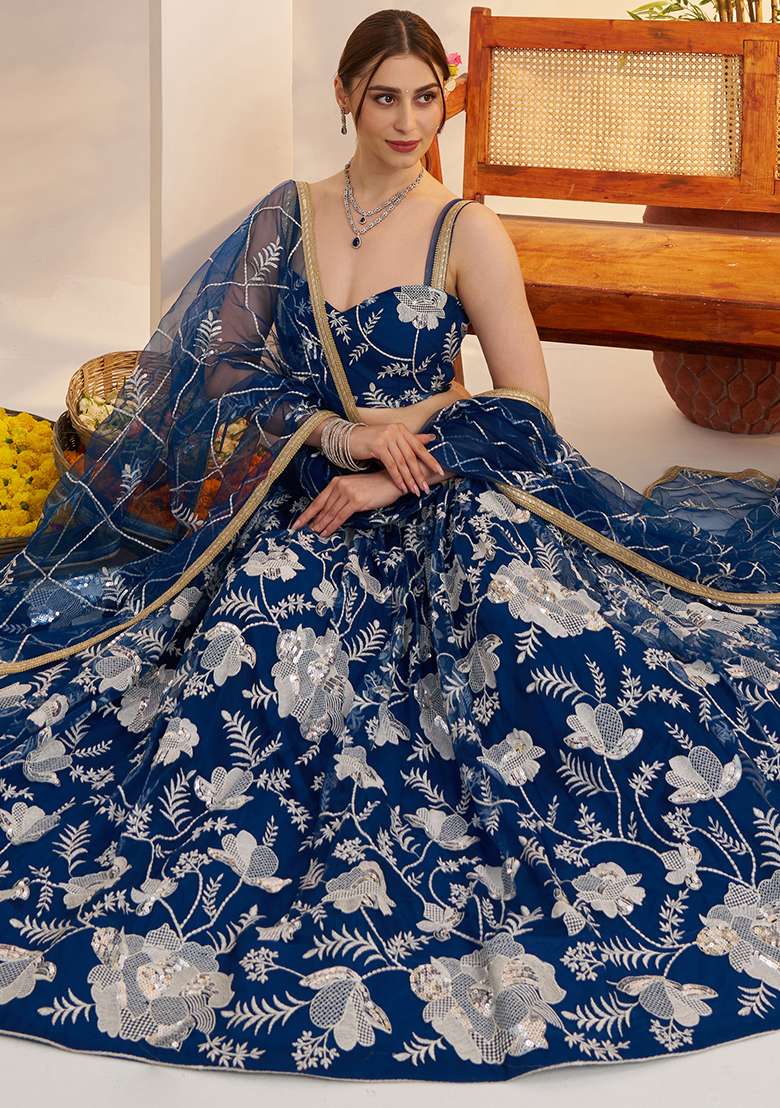 Morpeach Blue Embroidered Butterfly Net Lehenga Set for Diwali and Festive Wear - Indya