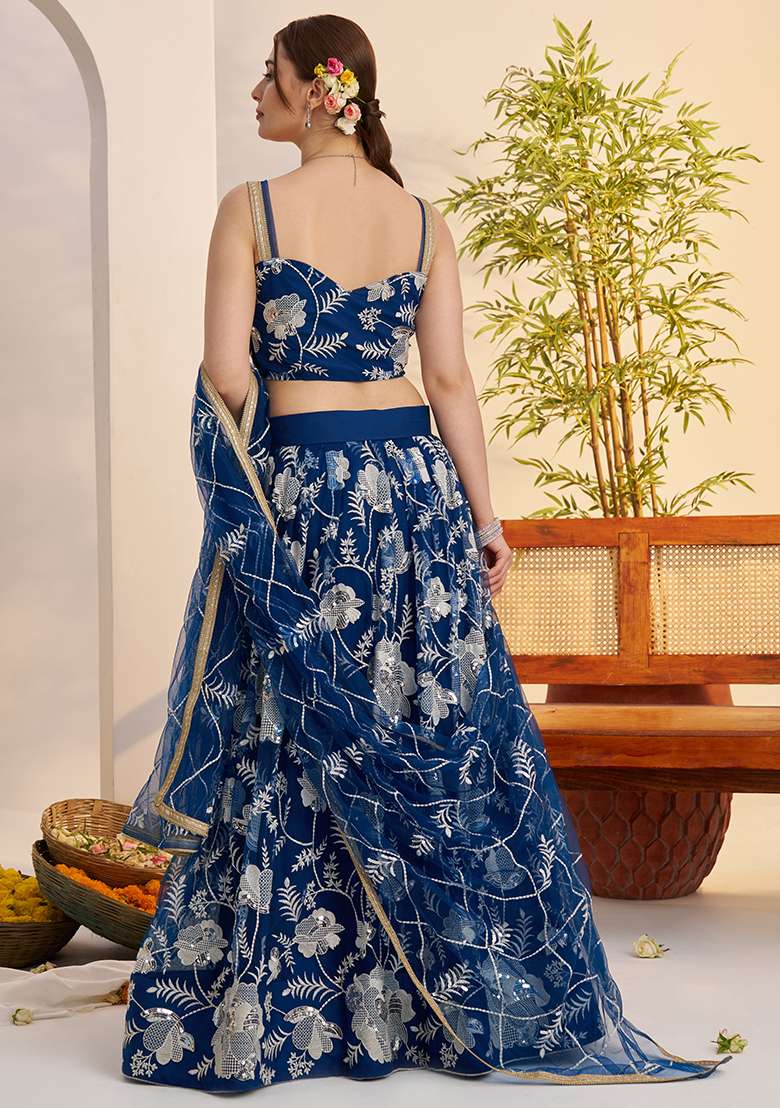 Morpeach Blue Embroidered Butterfly Net Lehenga Set for Diwali and Festive Wear - Indya
