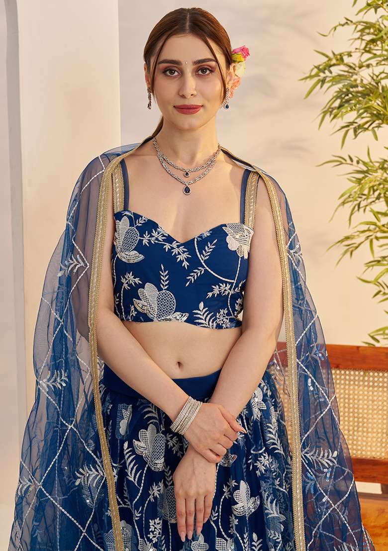 Morpeach Blue Embroidered Butterfly Net Lehenga Set for Diwali and Festive Wear - Indya