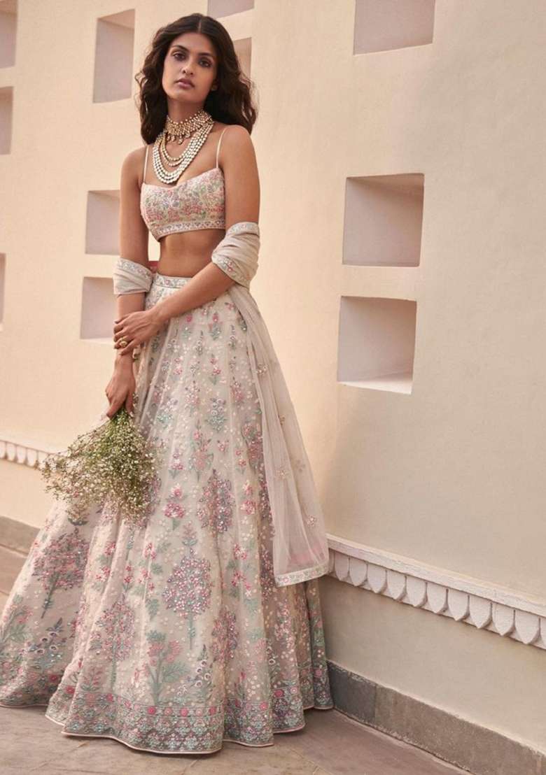 White Georgette Lehenga Set with Embroidered for Diwali | Wedding & Festive Wear - Indya