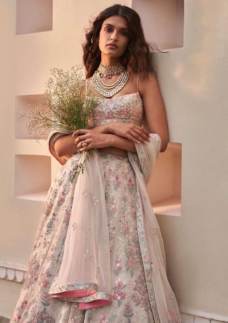 White Georgette Lehenga Set with Embroidered for Diwali | Wedding & Festive Wear - Indya