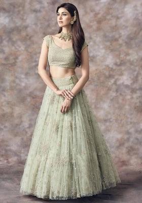 Aqua Green Embroidered Net Lehenga Set