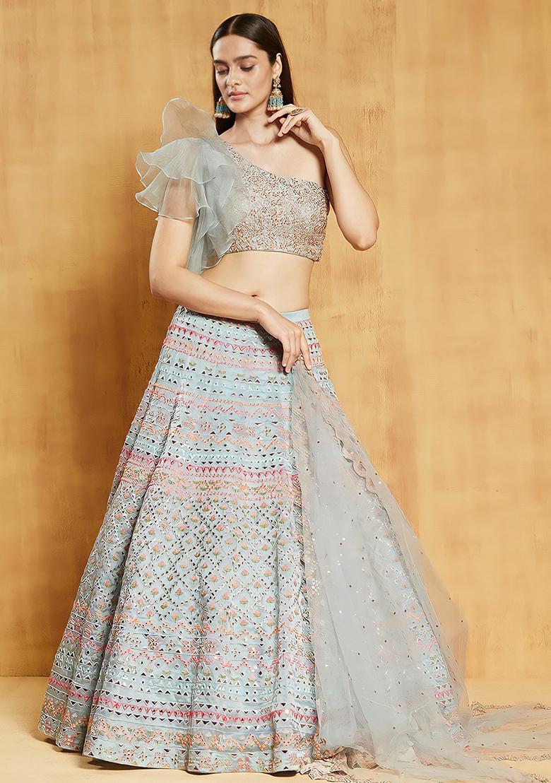 Sea Green Embroidered Silk Lehenga Set