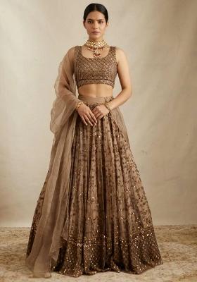 Brown Embroidered Net Lehenga Set