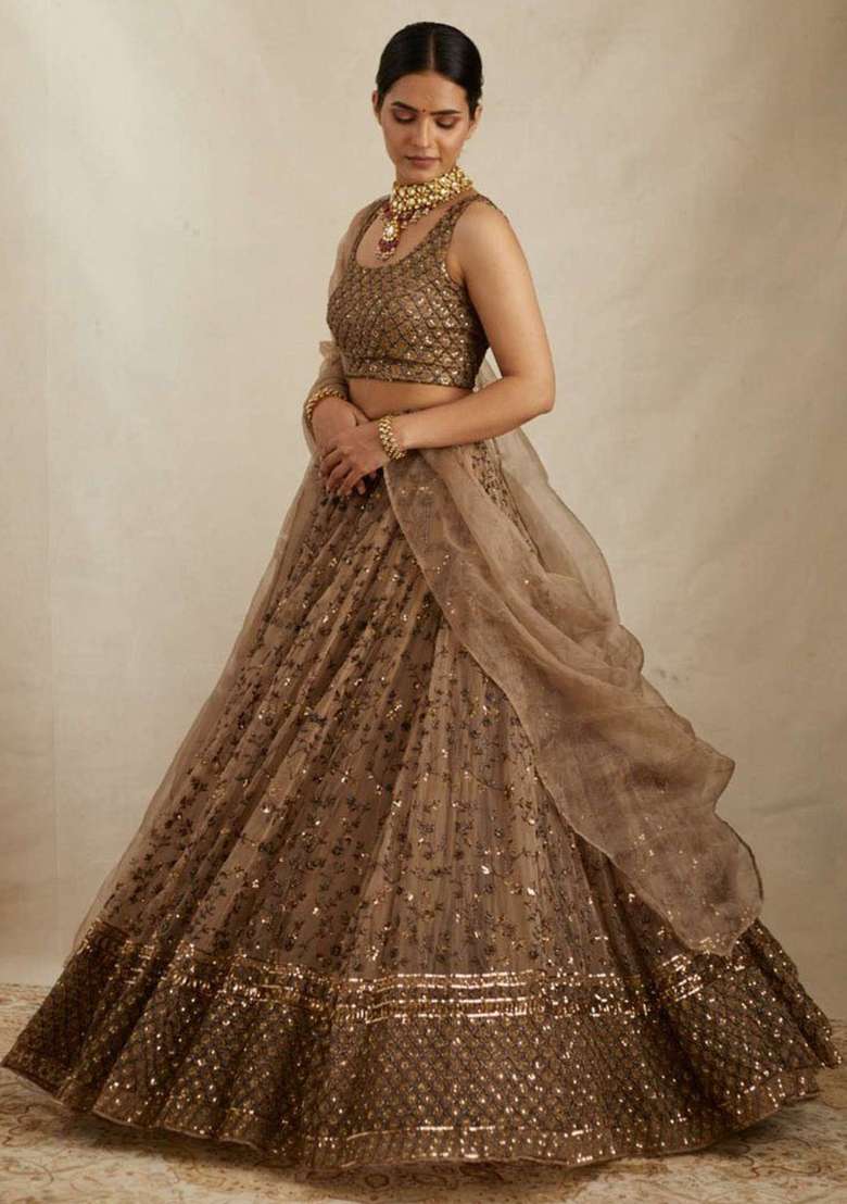 Brown Embroidered Net Lehenga Set for Diwali and Festive Wear - Indya
