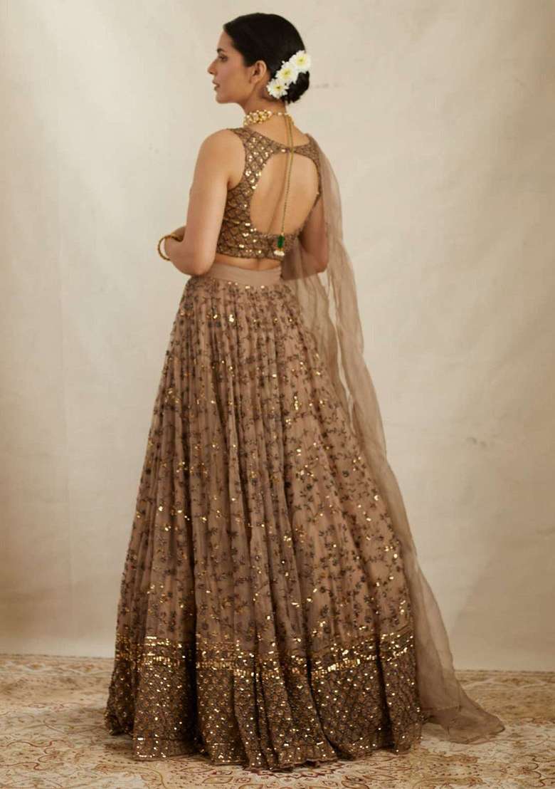 Brown Embroidered Net Lehenga Set for Diwali and Festive Wear - Indya