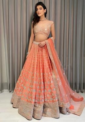 Orange Embroidered Silk Lehenga Set