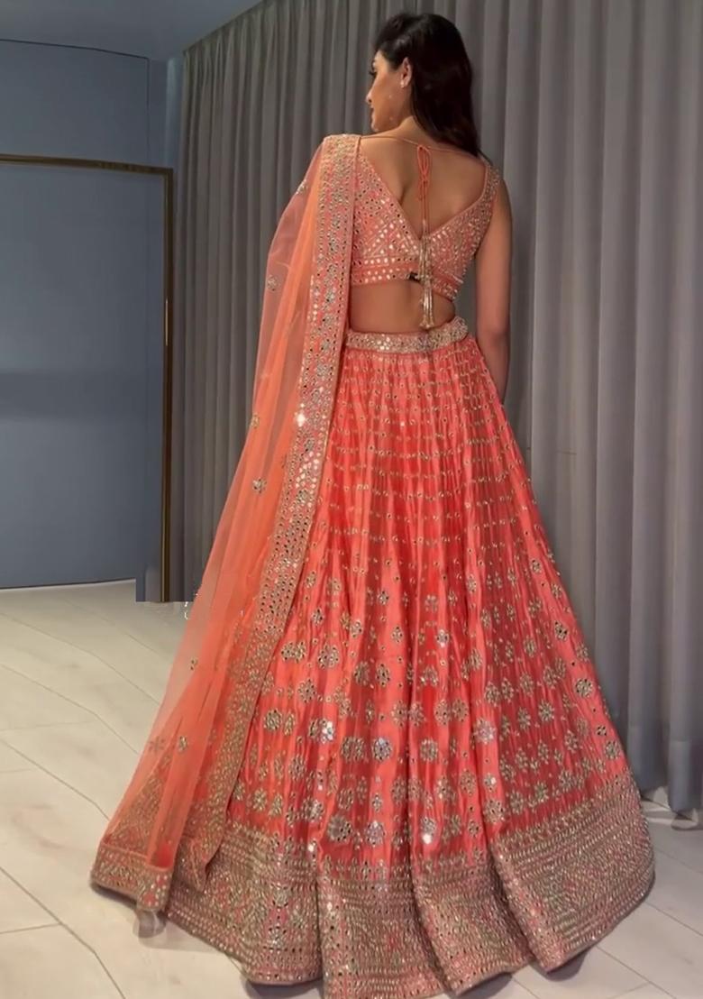 Orange Embroidered Silk Lehenga Set