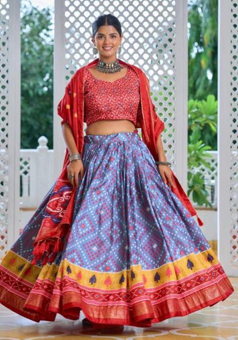 Multicolor Embroidered Silk Lehenga Set