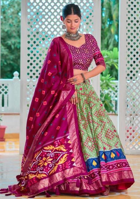 Multicolor Embroidered Silk Lehenga Set