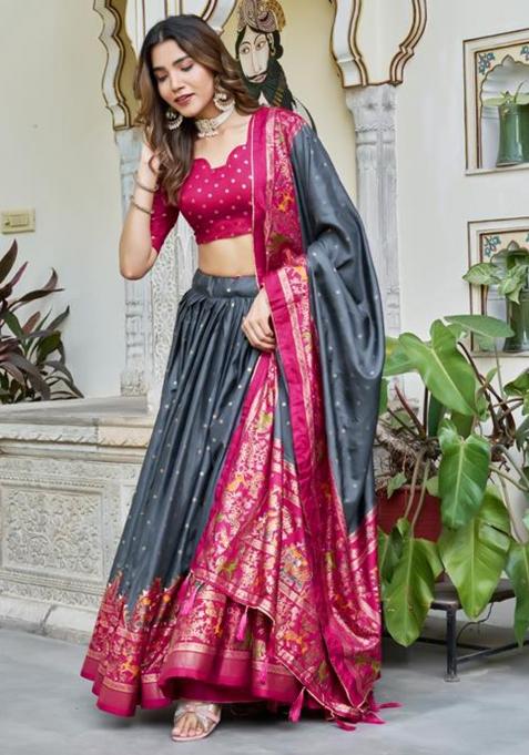 Multicolor Embroidered Silk Lehenga Set