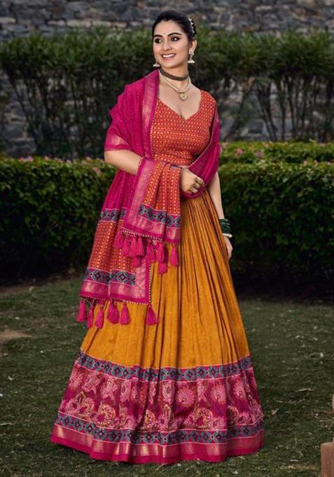 Multicolor Embroidered Silk Lehenga Set