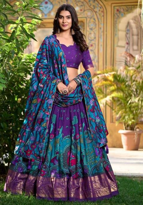Multicolor Embroidered Silk Lehenga Set