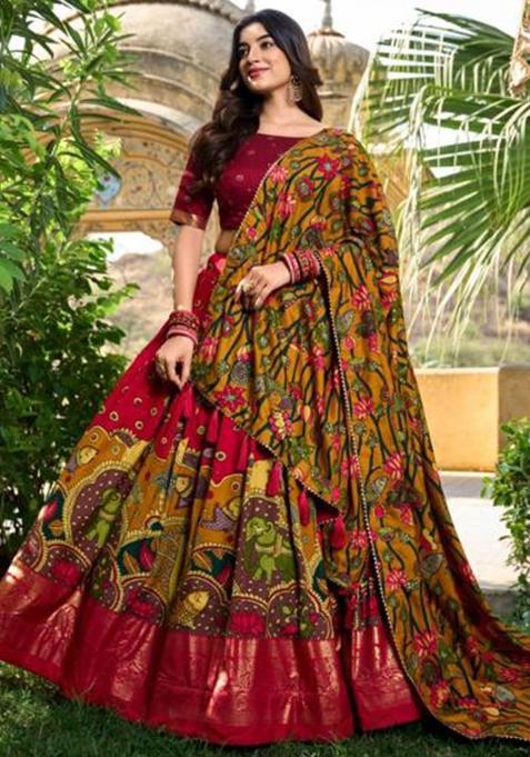 Multicolor Embroidered Silk Lehenga Set